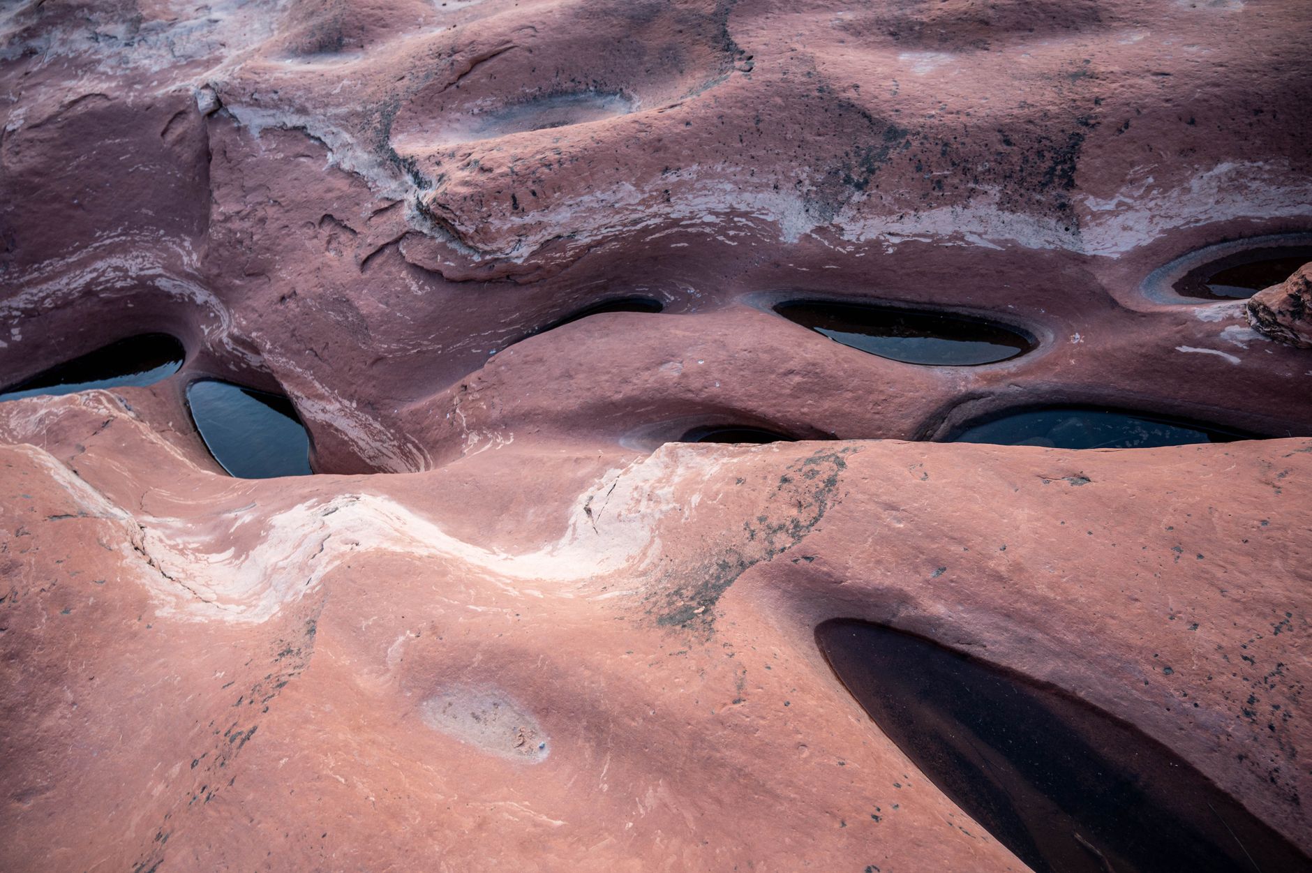Aerial view of red sandstone formations with unique eroded patterns and water pools.