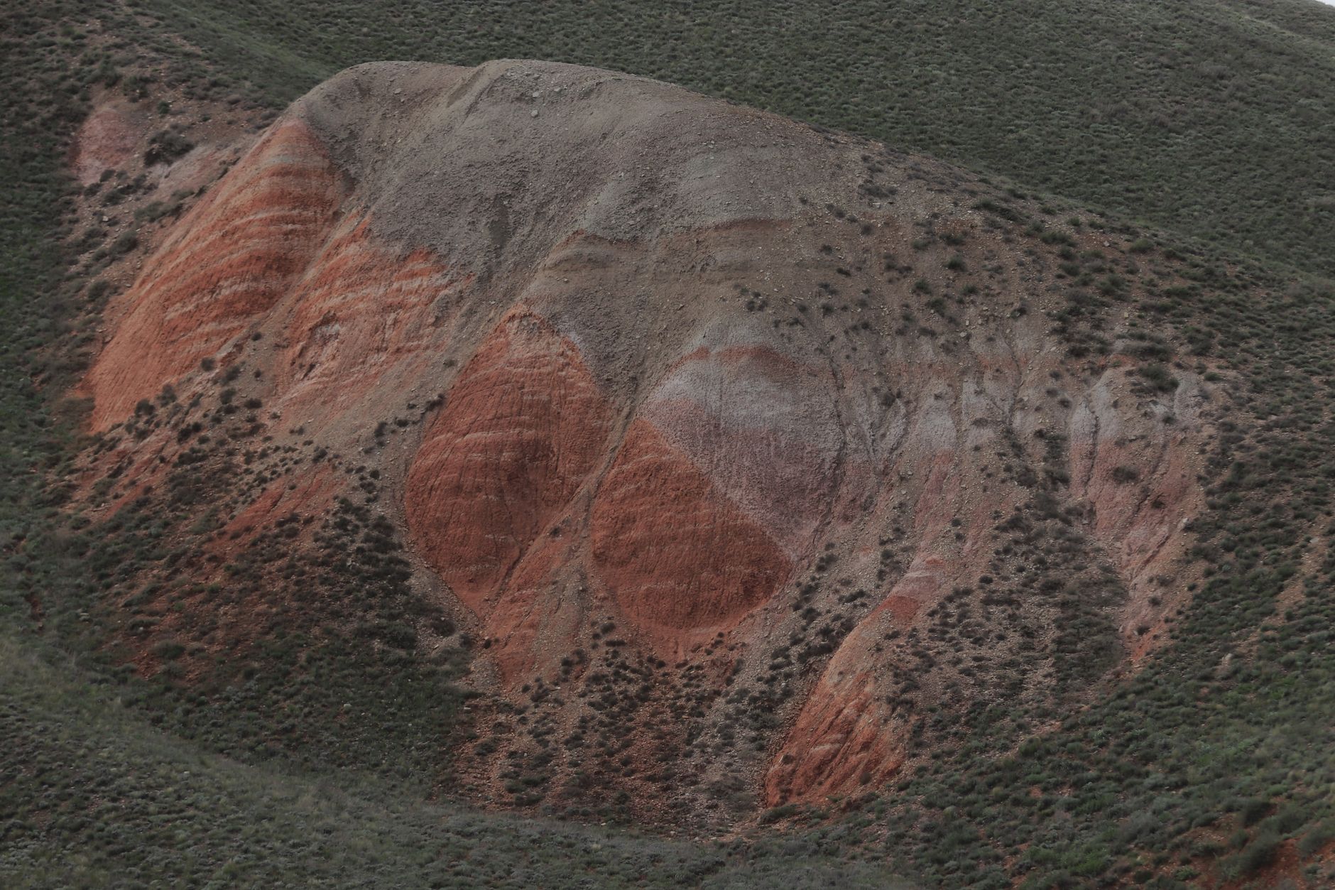 Layered sedimentary rock formation on a desert hillside showing geological context