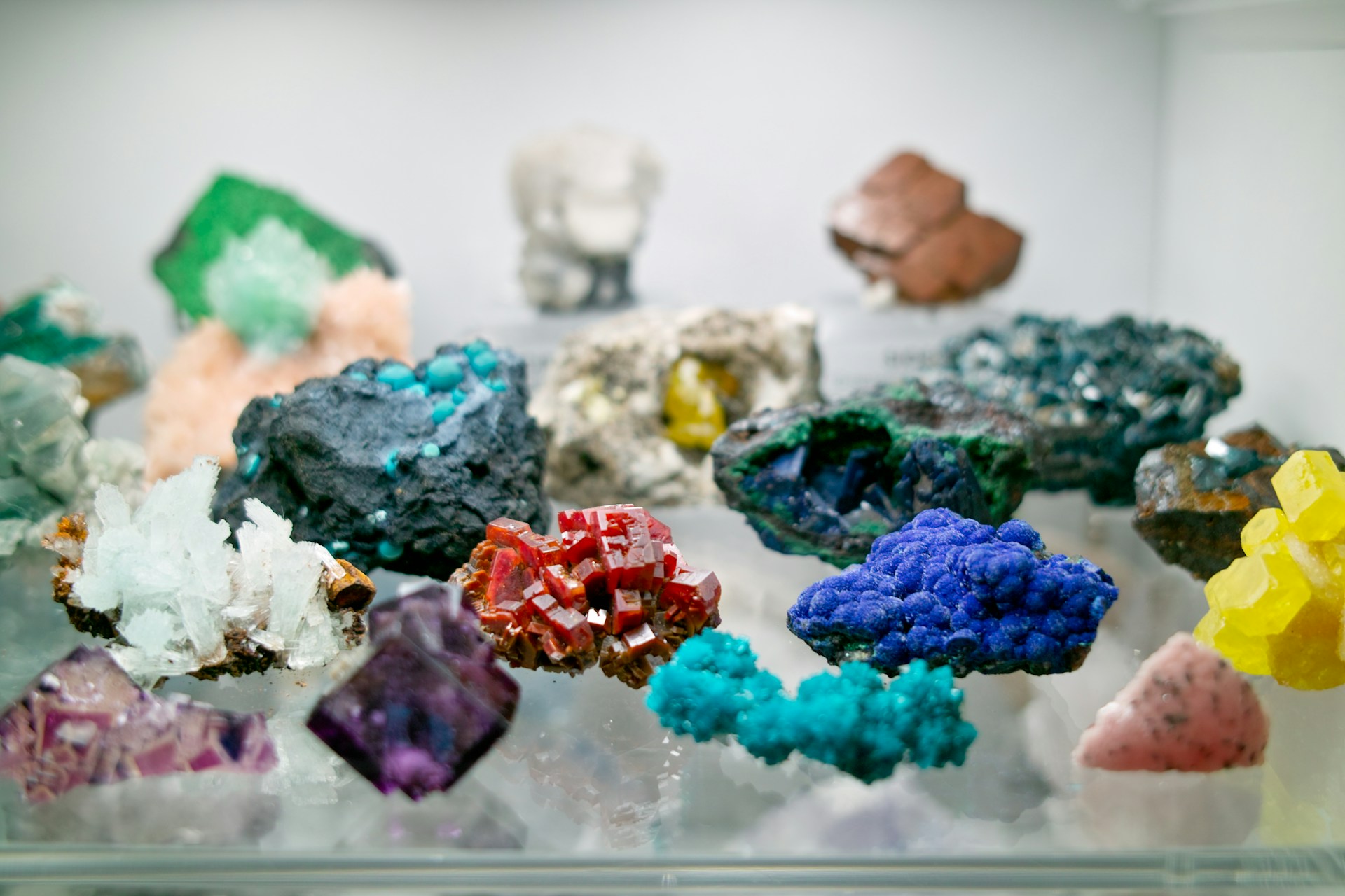 Collection of colorful mineral crystals and gemstones